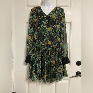 T19a- GREY By JASON WU Green Floral Peasant DROP WAIST Midi Dress